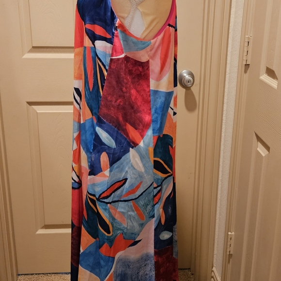 Nicole Miller Abstract Satin Print Multicolor Maxi Dress Sz XL - Picture 3 of 4
